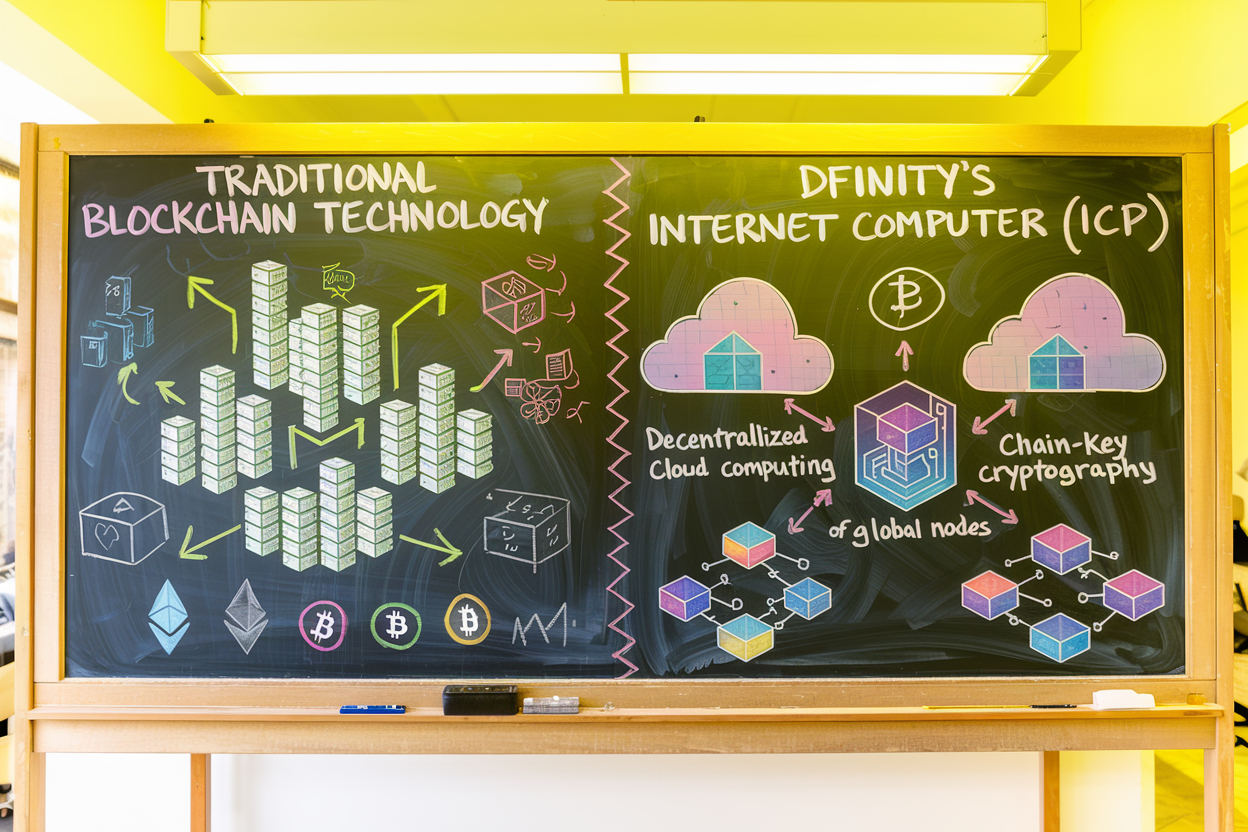 Explore the key differences between Dfinity's Internet Computer Protocol (ICP) and traditional blockchain technologies. Discover how ICP enhances speed, usability, and security for decentralized applications.